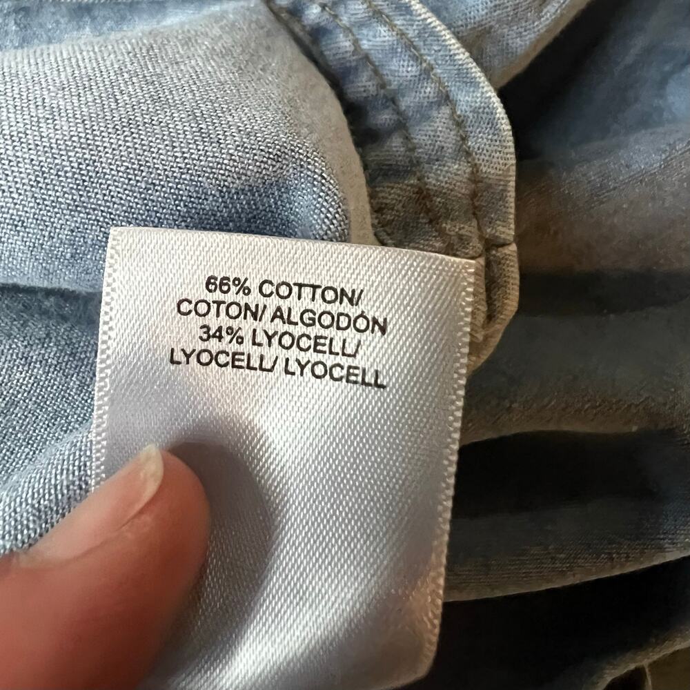 NWT, Lucky Brand Denim High Low Blouse, 3/4 Puff Sleeve, V Neck, Blue, Med - Picture 7 of 8